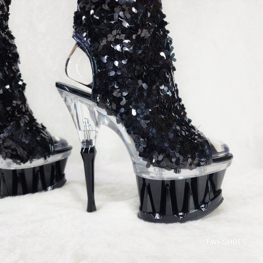 Pleaser Spiky Black Sequin Knee Boots Spiked Design Platform - Picture 12 of 12